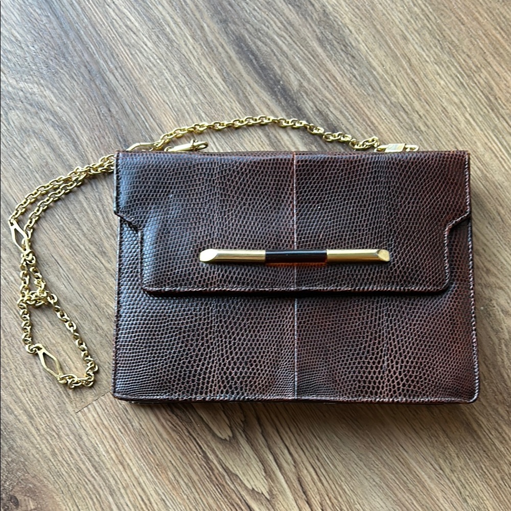 Vintage Leather Made in London Chic Brown Textured Handbag with Gold Chain